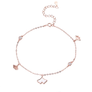 Rose gold S925 sterling silver ginkgo leaf anklet with tassel and white enamel inlay