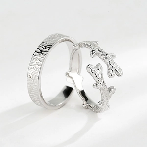 Minimalist S925 sterling silver couple rings with organic wood and branch textures