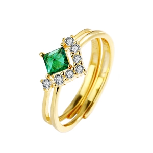 Vintage S925 silver adjustable ring with square emerald and diamond accents in gold finish