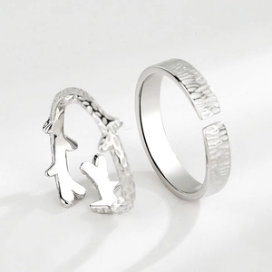 S925 Sterling Silver adjustable couple rings with antler and hammered branch design