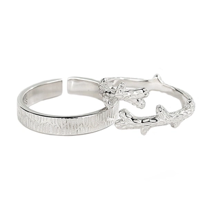 S925 sterling silver couple ring set featuring natural wood bark and branch textures