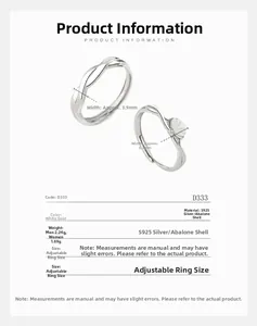Detailed size specifications for adjustable S925 silver couple rings with mother of pearl