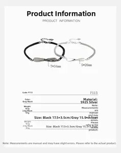 Detailed size specifications for Mobius couple bracelets in black and grey S925 silver