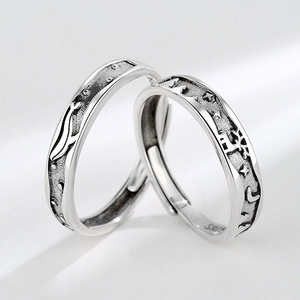 Vintage S925 sterling silver whale and deer couple rings with antique relief design