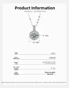 Spécifications détaillées du collier moissanite en argent S925 avec pierre 1 carat