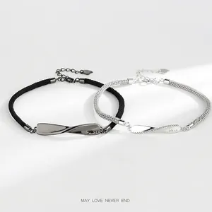 S925 Sterling Silver Mobius Loop Couple Bracelets Engraved No.52 Braided Rope Rhinestone Infinity Jewelry Valentine's Day Gift