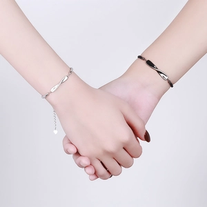 Minimalist S925 sterling silver Mobius couple bracelets with black woven rope and silver chain