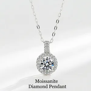 Collier Pendentif en Argent Sterling S925 Moissanite Zirconia pour Femme Rond Halo Chaîne de Clavicule Bijoux Élégants Cadeau