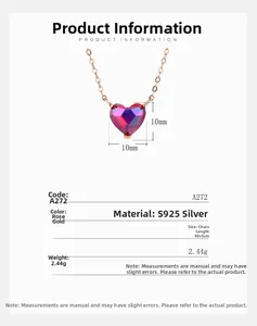 Macro detail of S925 silver heart necklace with red purple gradient crystal stone