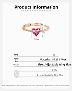Detailed view of S925 sterling silver heart ring in rose gold with red zircon gemstone