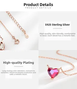 Detail view of S925 sterling silver heart necklace showing rose gold chain and clasp