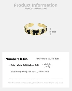 Macro detail of S925 sterling silver adjustable ring with black enamel and gold plating