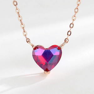 Minimalist S925 sterling silver heart necklace with red purple crystal in rose gold