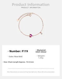 Detail of rose gold S925 silver bracelet featuring red heart crystal and S925 tag