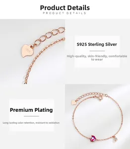 Close-up of S925 sterling silver heart bracelet showing rose gold finish and hallmark