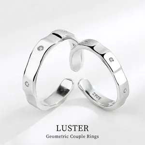 S925 Sterling Silver Couple Rings Open Adjustable Geometric Facets Zirconia Inlaid Simple Modern Style Men Women Jewelry