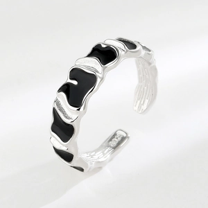 Minimalist S925 sterling silver open ring with black enamel wave pattern and glossy finish