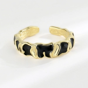 Minimalist S925 sterling silver open ring with irregular texture and black enamel detail