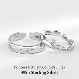 Bagues de Couple en Argent Sterling S925 Design Couronne de Princesse Chevalier Ouverture Réglable Bijoux Romantiques Zircone
