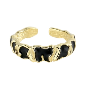 Irregular wave open ring in S925 sterling silver with black enamel and hammered finish