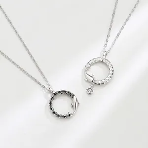 Élégant Collier de Couple Dauphin en Argent Sterling S925 Pendentif Cercle Rond Bijoux pour Hommes Femmes Cadeau de Saint Valentin Anniversaire