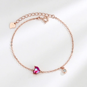 Romantic 925 Sterling Silver Rose Gold Plated Bracelet For Women Featuring Red Heart Zirconia Elegant Adjustable Fine Jewelry