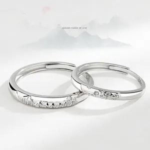 S925 Sterling Silver Mountain And Sea Couple Rings Adjustable Open Finger Rings For Lovers Minimalist Jewelry Gifts