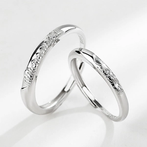 S925 sterling silver couple rings with mountain relief and adjustable open design