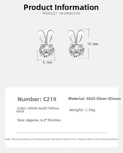 Vue détaillée des boucles d'oreilles lapin en argent S925 avec dimensions et poids du zircon
