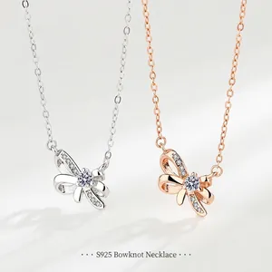 Collier Nœud en Argent Sterling S925 Élégant Pendentif Nœud en Zircone Étincelant Chaîne pour Femmes Filles Bijoux Quotidien