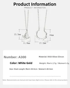 Size chart showing S925 sterling silver couple boat necklace pendant dimensions and chain length