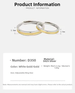 Detailed technical specifications for adjustable S925 sterling silver couple rings
