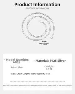 Detailed specs of S925 sterling silver paperclip chain necklace with size and weight info