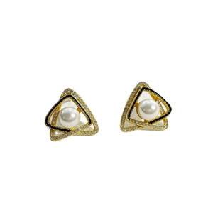 Eleganti orecchini a perno a triangolo in argento S925 con perla e cornice dorata