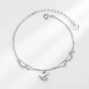 Bracelet Double Chaîne en Argent Sterling 925 Minimaliste Avec Avion en Papier Zircone Étincelante Bijoux de Main pour Femmes