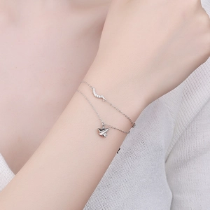 Bracelet double couche en argent sterling S925 avec pendentif avion en papier et lune