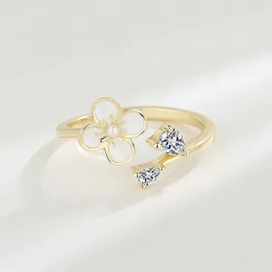 S925 Sterling Silver Flower Open Ring Artificial Pearl Center Pear Cut Zircon Inlaid Elegant Gold Plated Adjustable Jewelry For Women