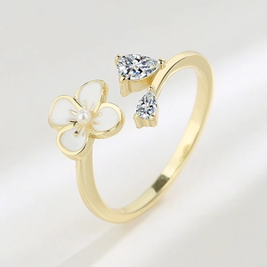 Elegant S925 sterling silver adjustable flower ring with pearl and teardrop zircons