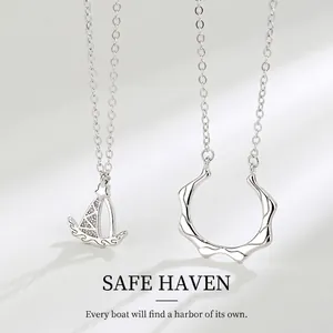 S925 Sterling Silver Boat Pendant Necklace Wave Ring Zirconia Inlaid Safe Haven Jewelry For Couple Valentine Gift Women Men