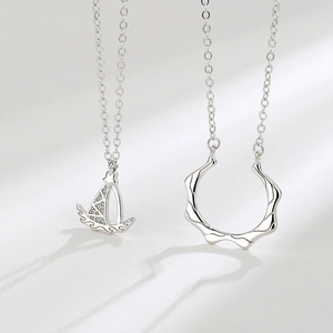 S925 sterling silver sailboat and wave couple necklaces with sparkling zircon inlay