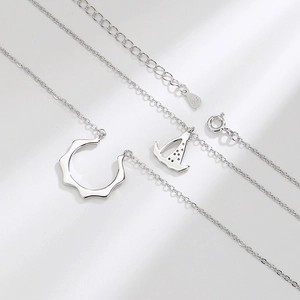 S925 sterling silver couple necklaces with wave ring and sailboat hat pendants