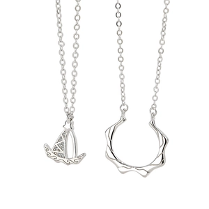 S925 sterling silver couple necklaces with sailboat and wave pendants and zircon accents