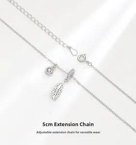 Detail of S925 sterling silver feather pendant with zircon and 5cm adjustable extension chain