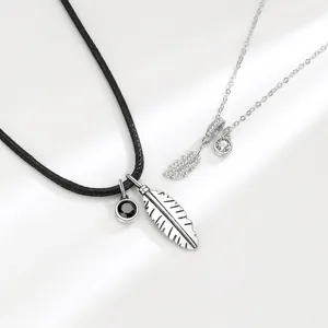 S925 Sterling Silver Feather Couple Necklace Set For Men Women Minimalist Zirconia Pendant Clavicle Chain Valentine Gift
