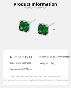 Details und Maße von 7,2mm quadratischen Smaragd-Zirkon-Ohrsteckern aus S925 Sterlingsilber