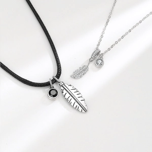 S925 sterling silver couple feather pendant necklaces with zircon for Valentine gift