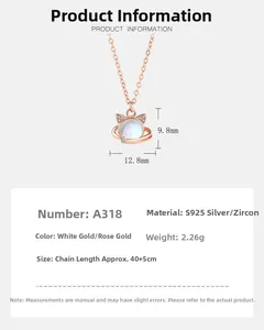 Close-up of S925 sterling silver cat pendant with moonstone and cubic zirconia stones