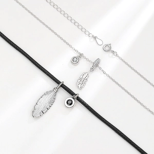 S925 sterling silver feather pendant necklaces with black leather and zircon stones