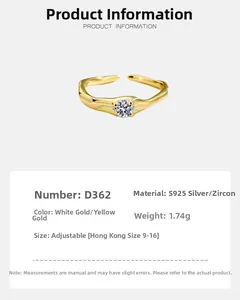 Detail of S925 sterling silver irregular gold wave ring featuring a round zircon gemstone