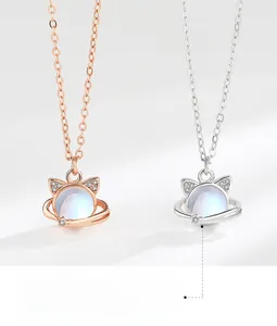 Close-up of S925 sterling silver cat planet necklaces in rose gold and silver finishes